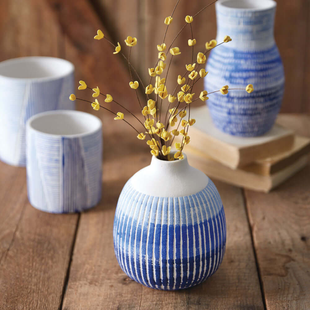 Blue and White Textured Ceramic Bud Vase