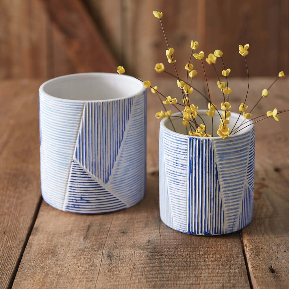 Blue and White Geometric Textured Ceramic Pots | Pair