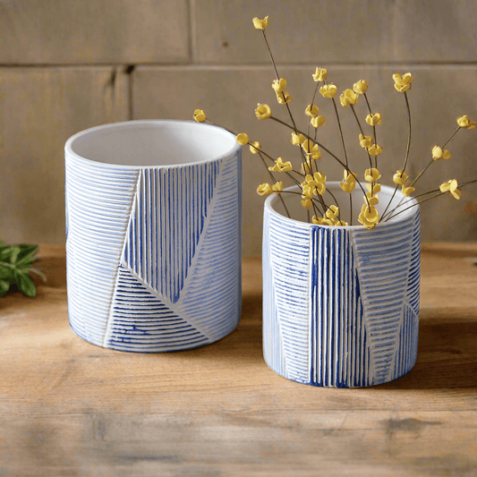 Blue and White Geometric Textured Ceramic Pots | Pair