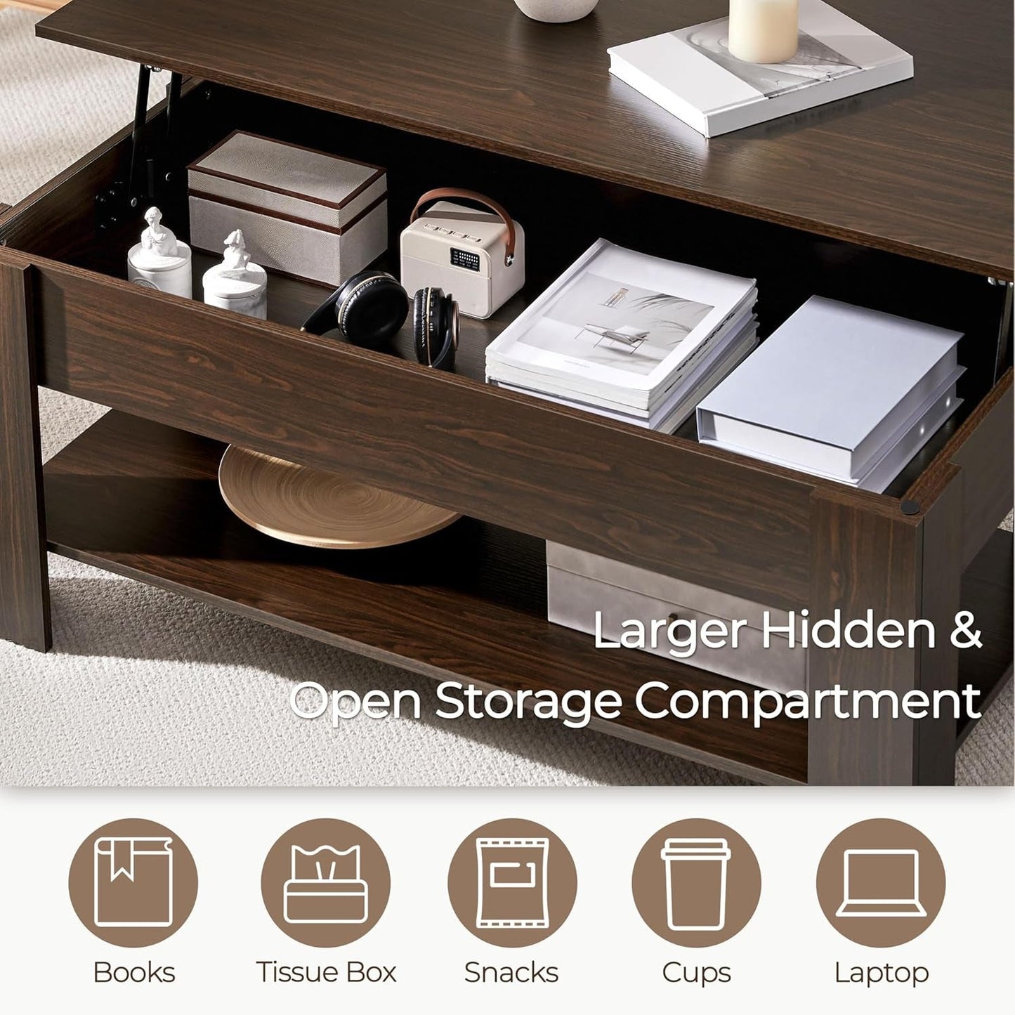 Espresso Lift Top Coffee Table With Hidden Compartment