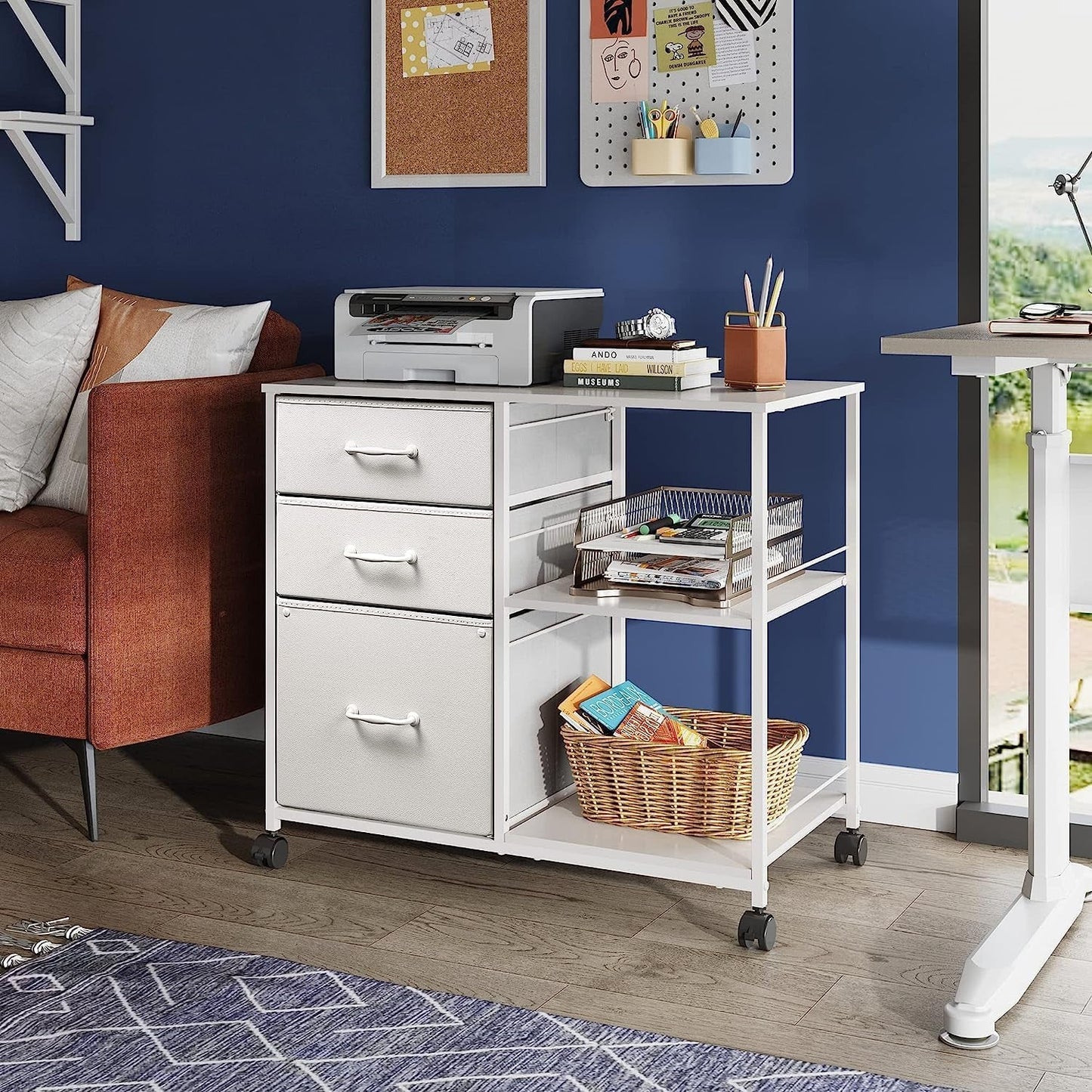 3 Drawer Mobile File Cabinet With Rolling Printer Stand And Open Storage Shelf White