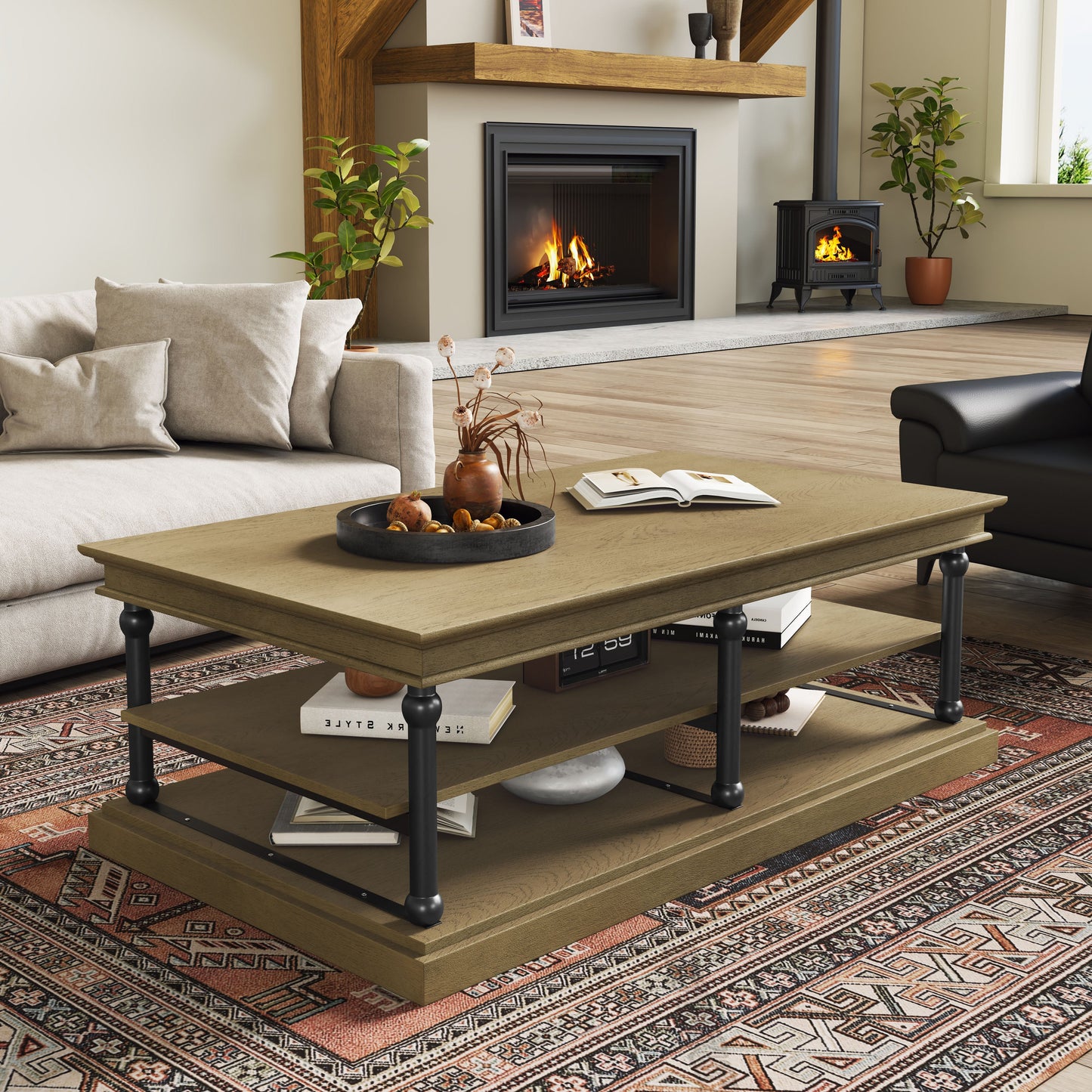 55.1" Wood Coffee Table with Open Shelves