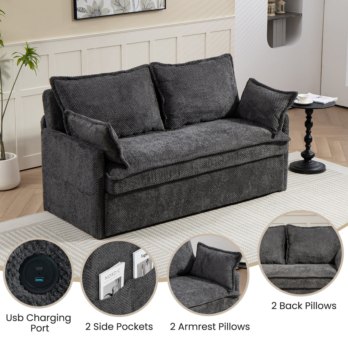 59.5" Ergonomic Sofa Bed with Storage & Charging