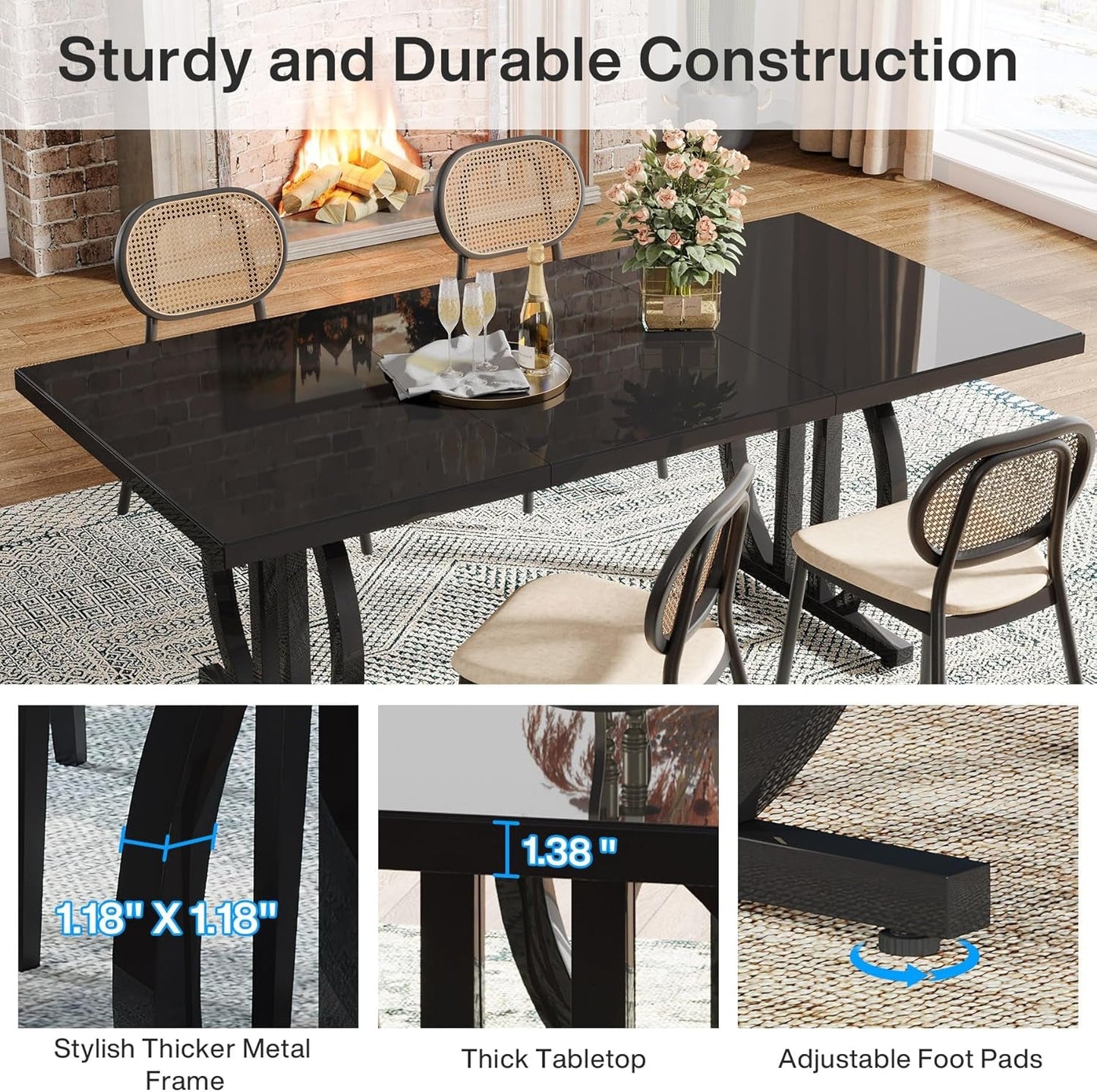 Black 63 Inch Rectangular Dining Table With Thickened Top