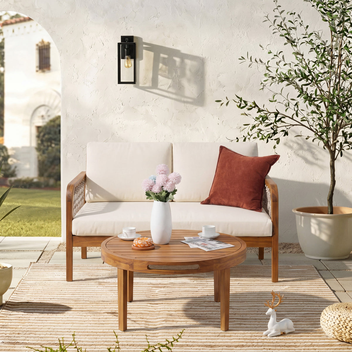 Outdoor Acacia Wood Loveseat & Coffee Table Set with Handwoven Rope