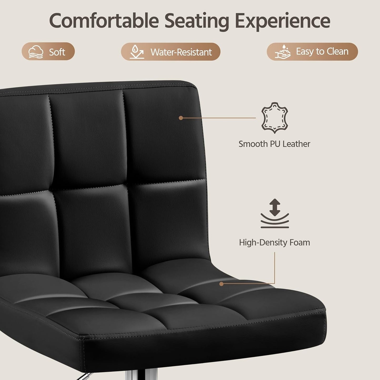 Set Of 2 Adjustable Black PU Leather Swivel Bar Stools