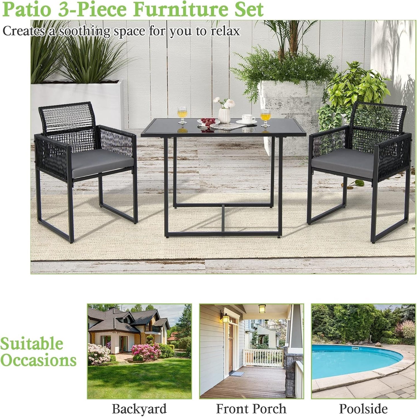 3 Piece Outdoor Dining Set With Folding Backrests And Tempered Glass Tabletop For Patio And Poolside