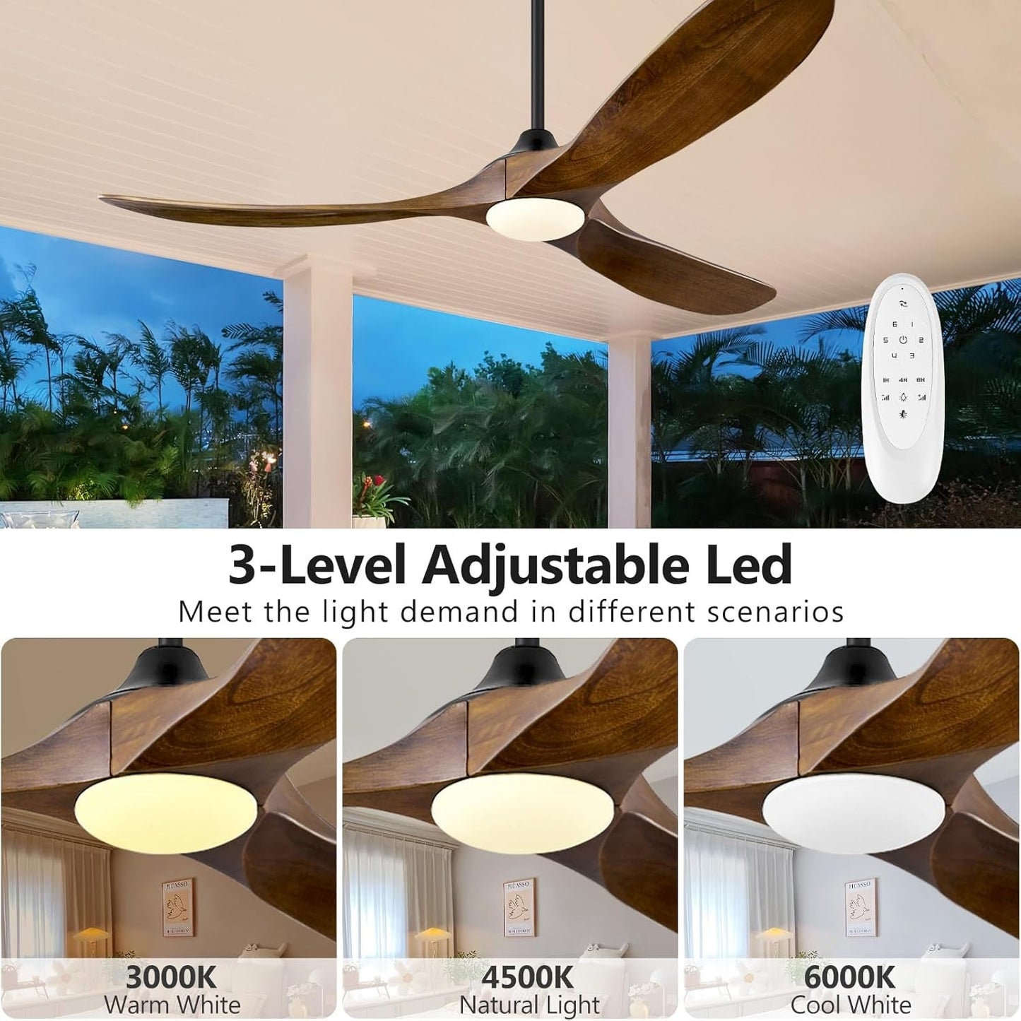 52 Inch Walnut Wood Ceiling Fan With Integrated LED Remote