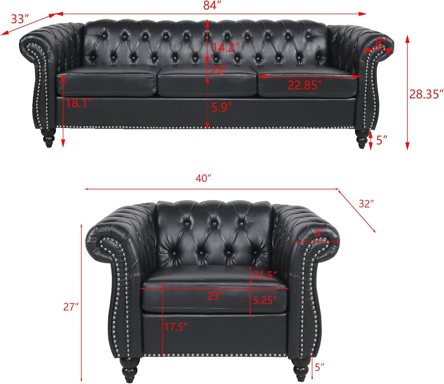 Modern Black Faux Leather Tufted Sofa and Chair Set