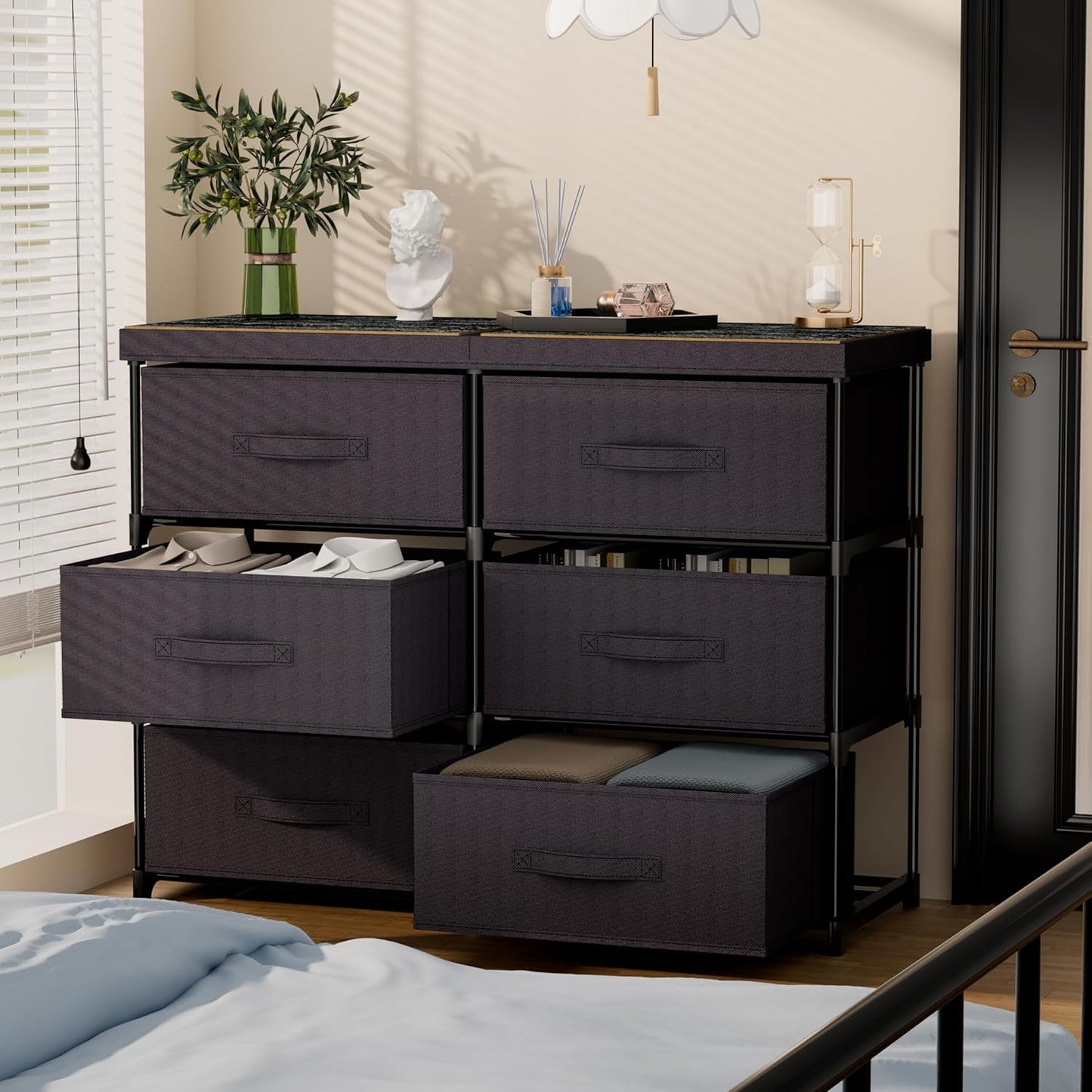 Fabric Dresser With Six Drawers Metal Frame And Wooden Top