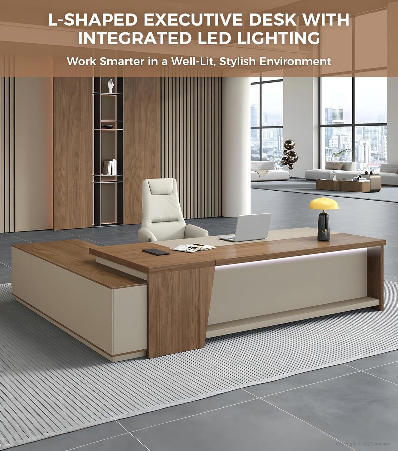 79 Inch L Shaped Desk Lockable Drawers Privacy Panel