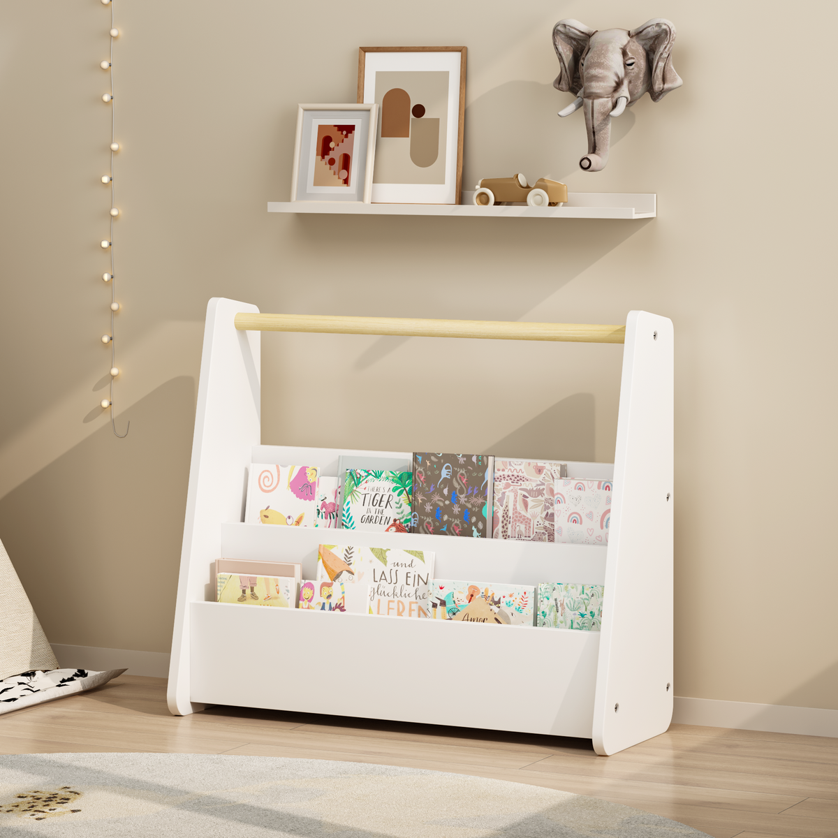 Kids Bookshelf with Wooden Handle - 2-Tier Front-Facing Bookcase