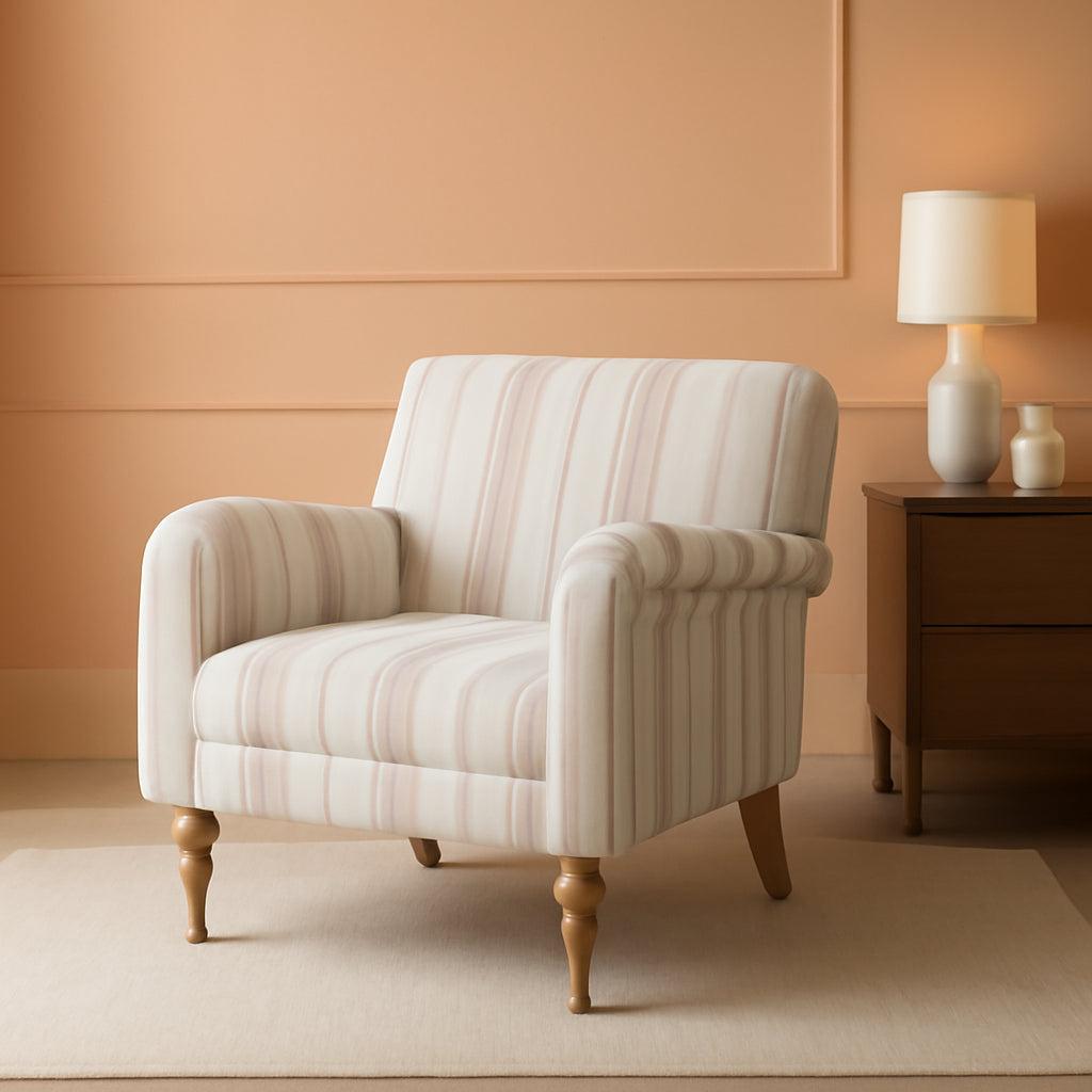 Tan Stripe Accent Chair With Wooden Legs For Living Room