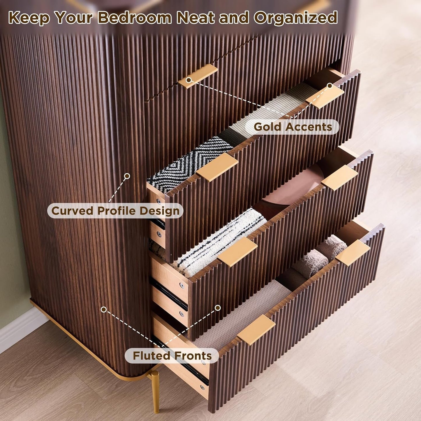 Fluted Five Drawer Dresser Contemporary Dark Walnut