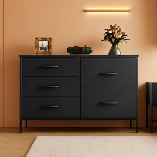 Charcoal Black Fabric Dresser With 5 Drawers For Bedroom Storage