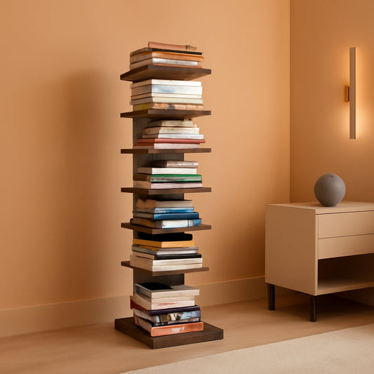 Vertical Bookshelf 8 Tier Rustic Brown Corner Shelf