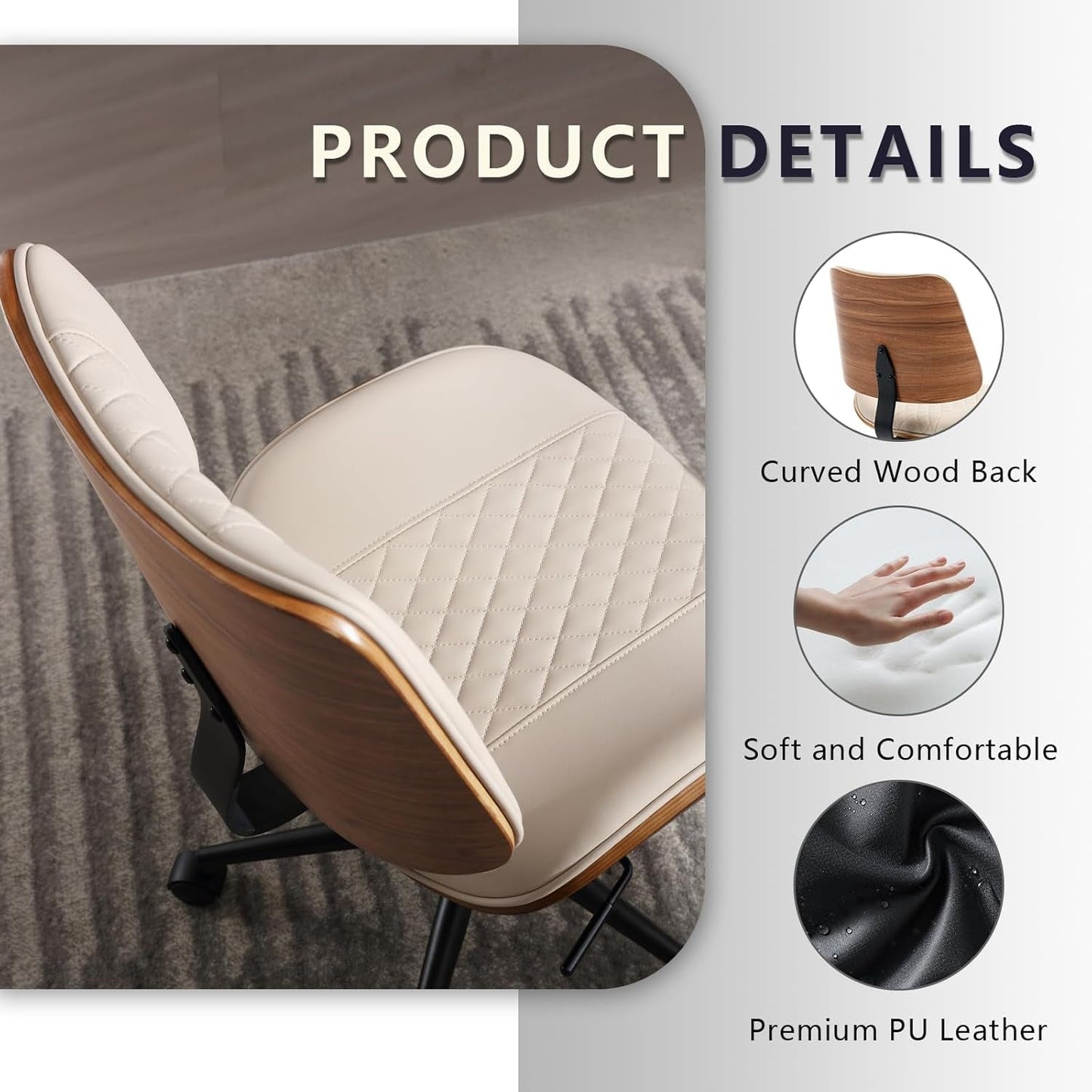 Armless Office Chair With Wheels Beige PU Leather Ergonomic