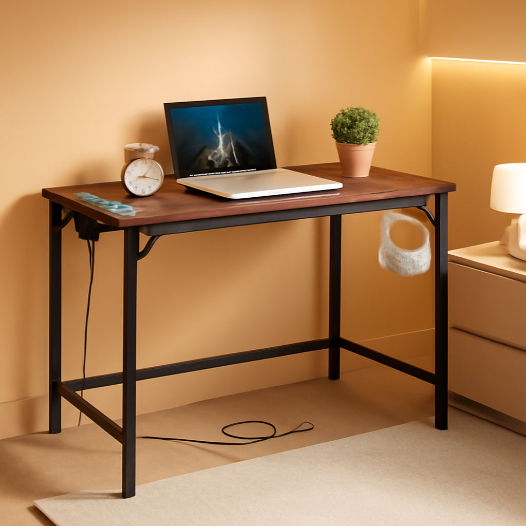 Computer Desk With Power Outlets In Rustic Brown And Black