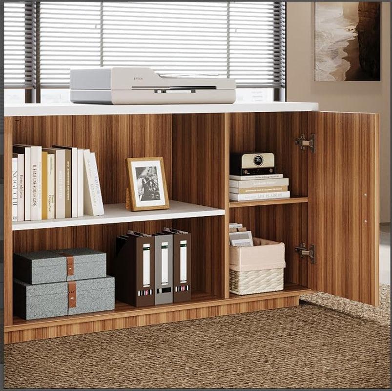 85 Point 8 Inch L-Shaped Executive Desk White Walnut Storage Cabinet