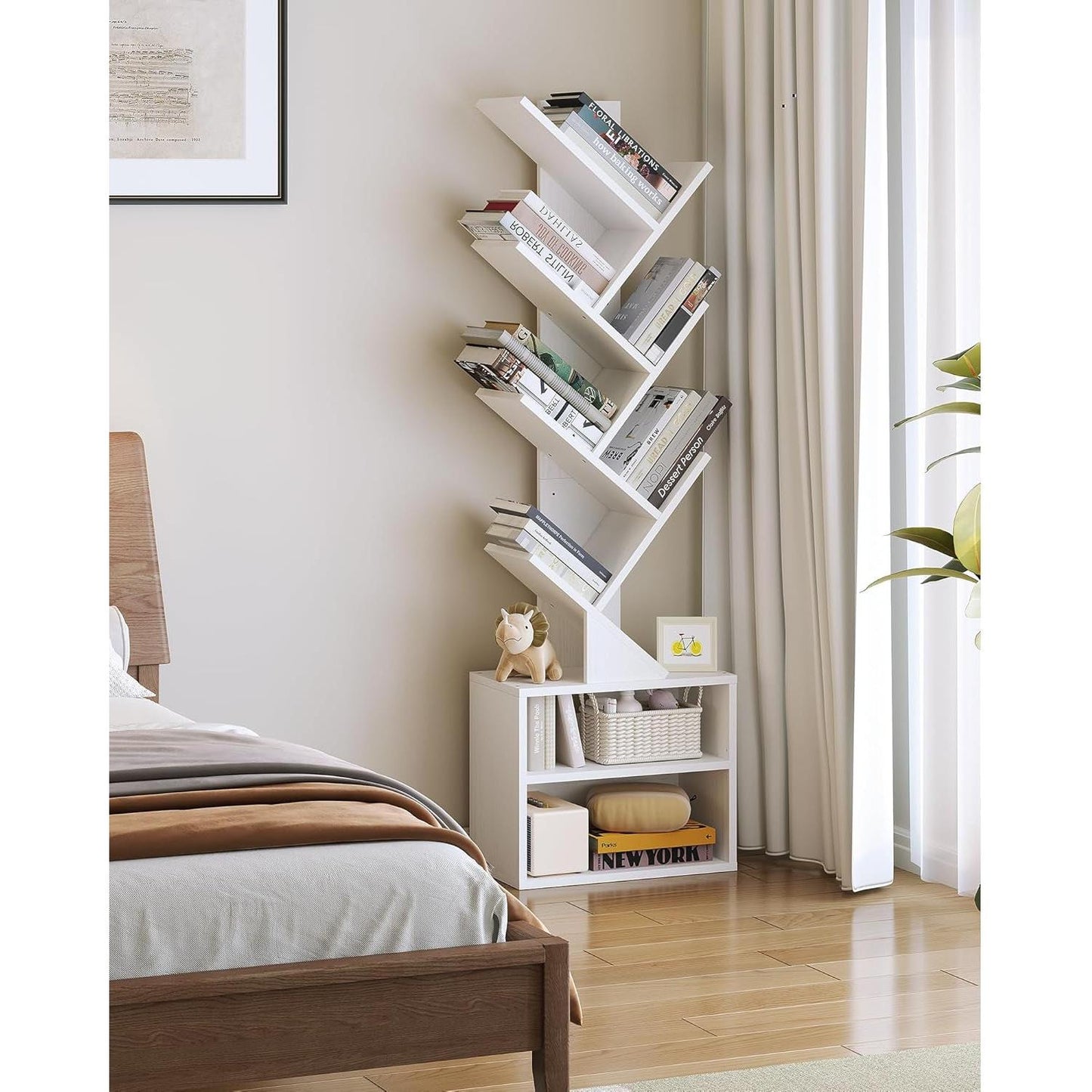 6 Tier Tree Bookshelf Tall Bookcase With Storage Cabinet White