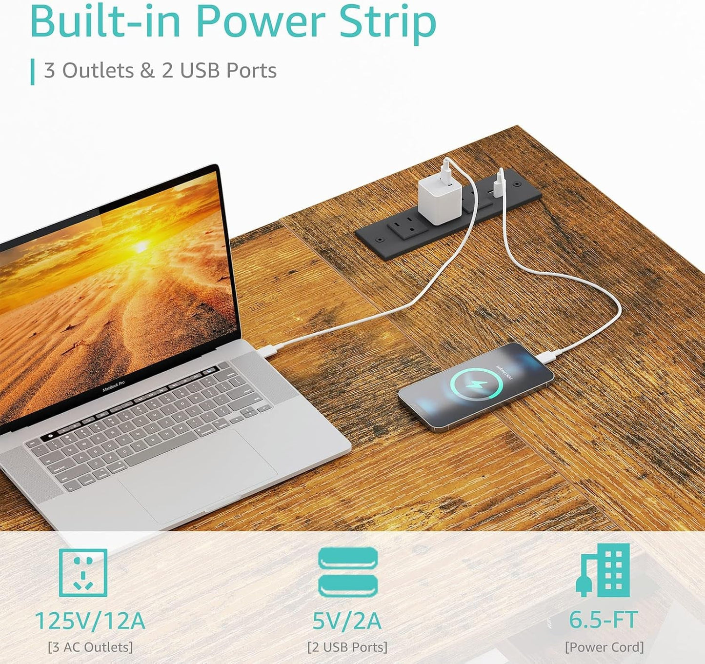 40 Inch L Shaped Desk With Power Outlet And Shelves Rustic Brown