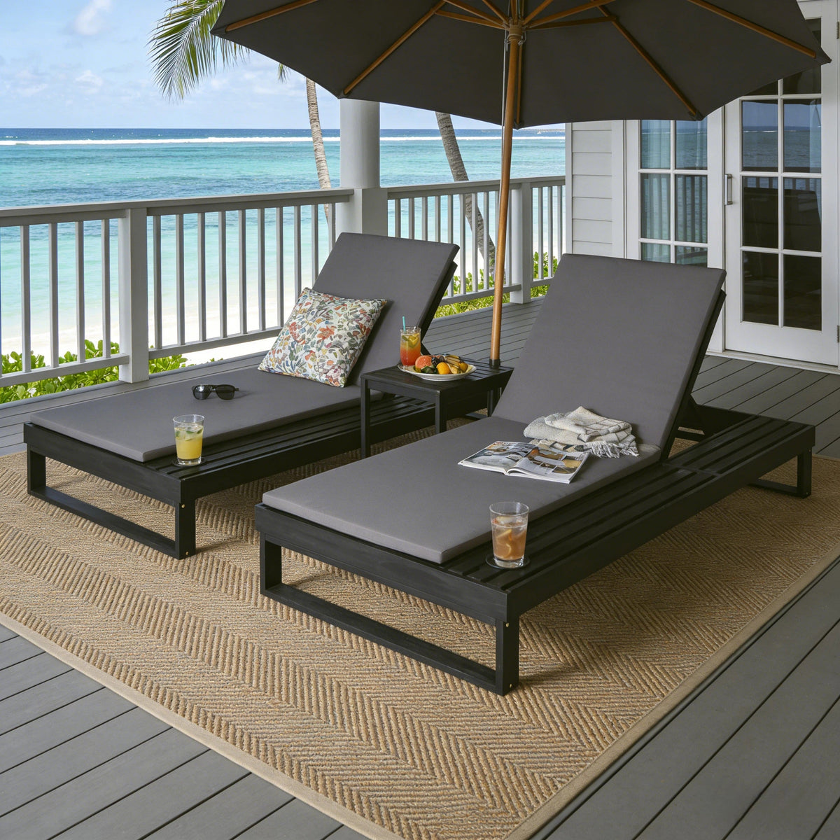 Black Acacia Wood Chaise Lounge with 1.57-Inch Cushion