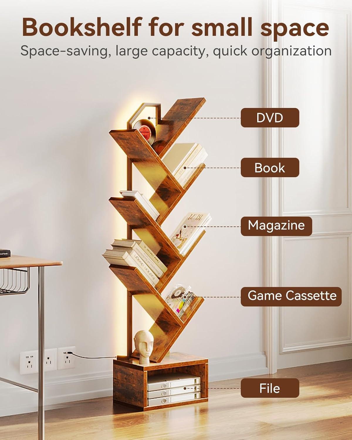 Six Tier Tree Bookshelf With LED Lights Narrow Floorstanding