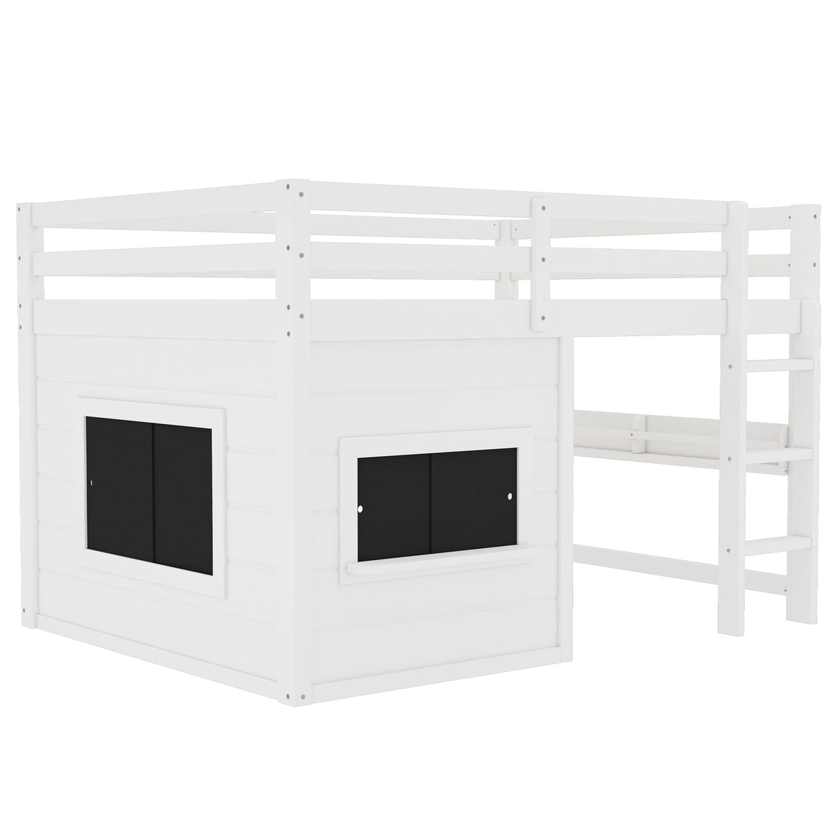 Full Size Loft Bed with Playful Sliding Chalkboard and Bookshelf
