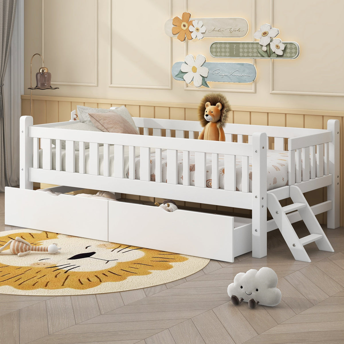 Wood Twin Size Platform Bed with Guardrail and 2 Drawers