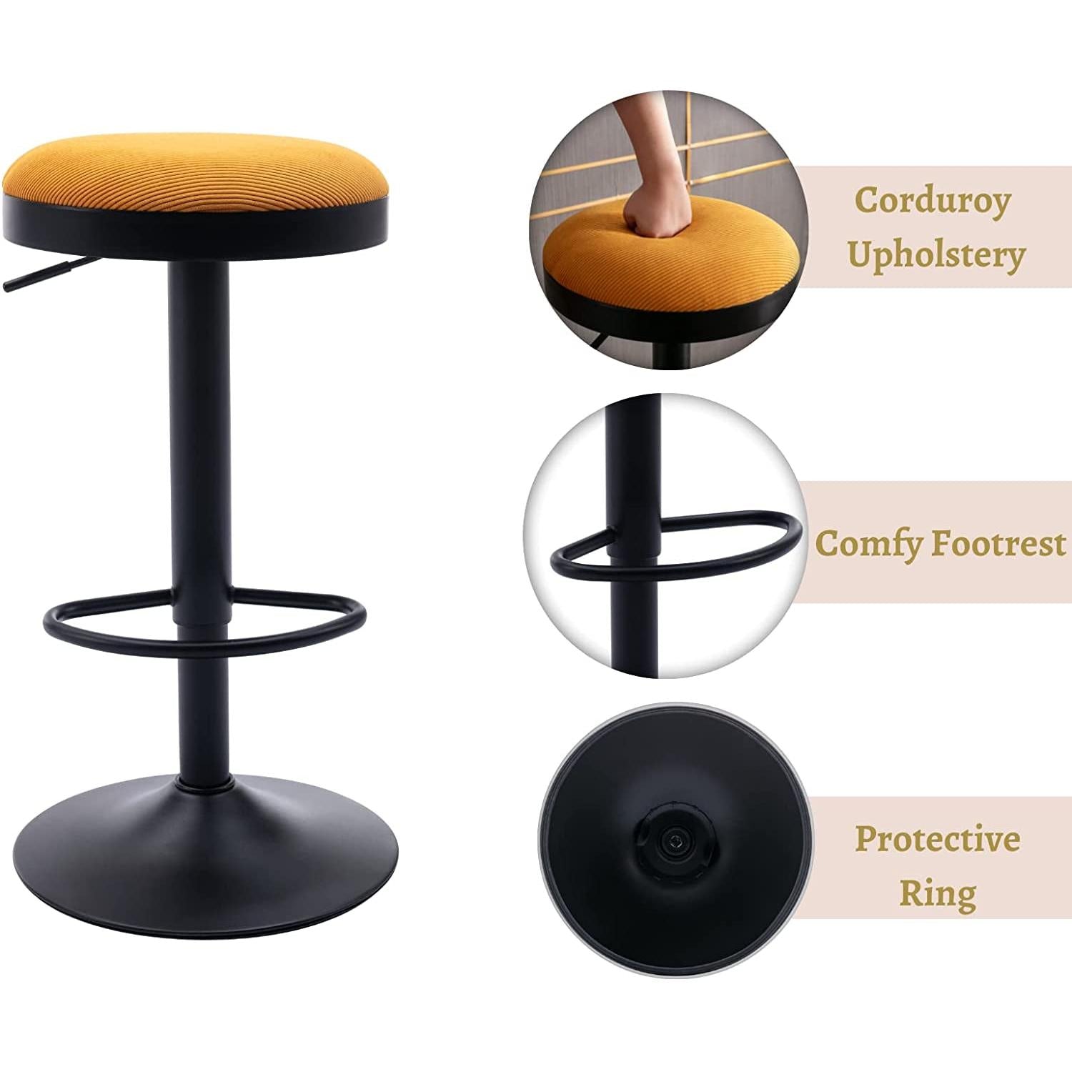 Yellow Fabric Swivel Bar Stool Set Of 2 Height Adjustable with corduroy upholstery, comfy footrest, and protective ring.