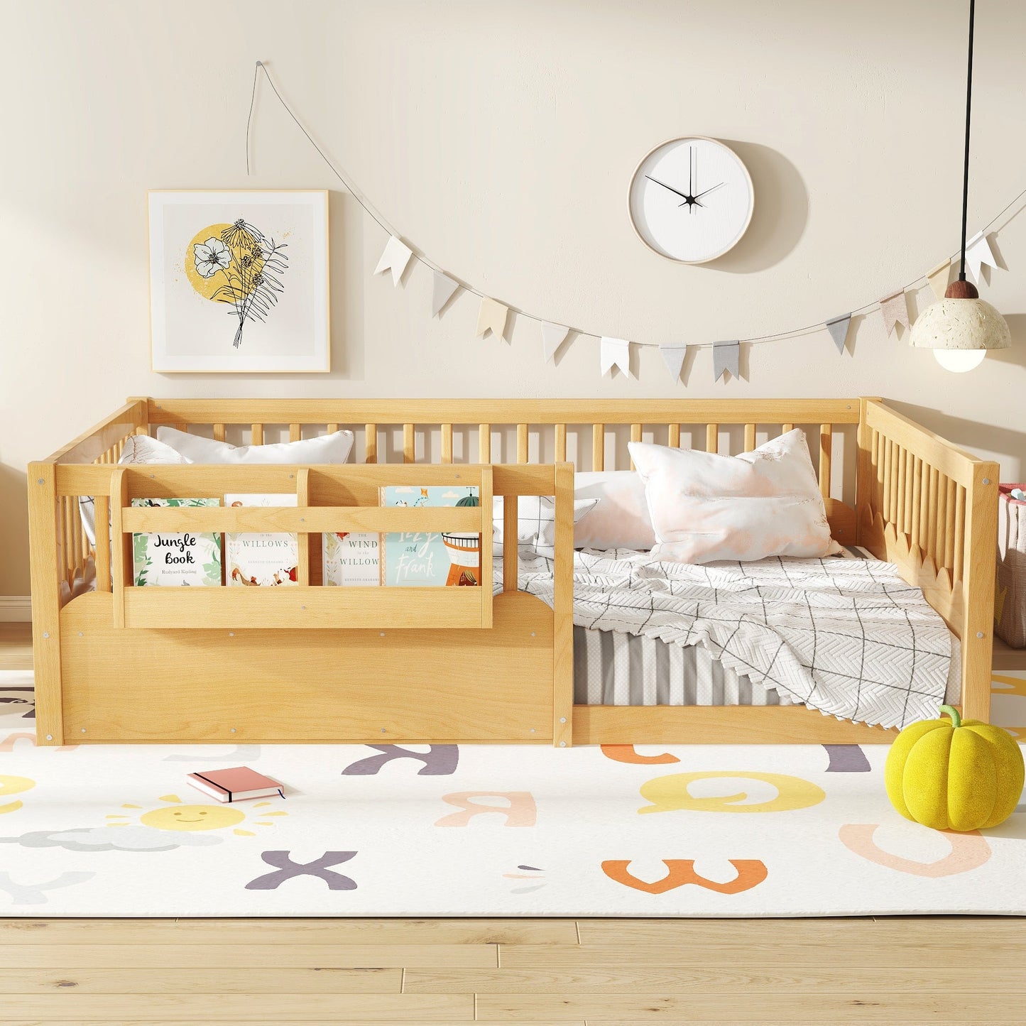 Full Floor bed with Heightened Fence and bookshelf ,Wood Floor Bed for Kids,Natural.