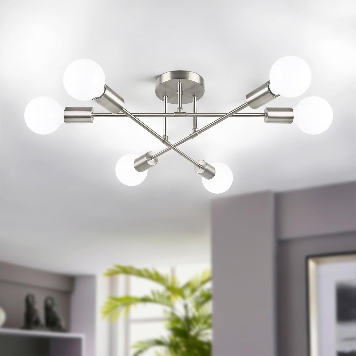 Six Light Sputnik Chandelier Brushed Nickel Fixture illuminating a modern living space with stylish design.