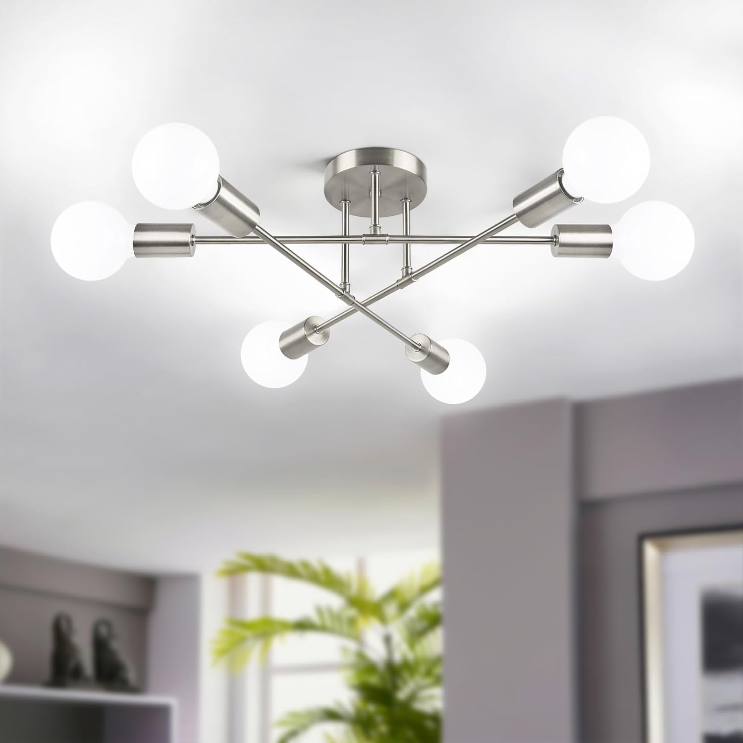 Six Light Sputnik Chandelier Brushed Nickel Fixture illuminating a modern living space with stylish design.
