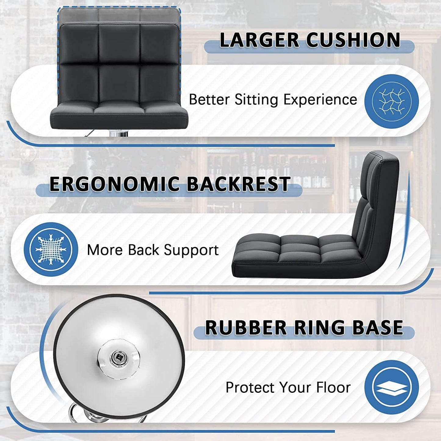 Black PU Leather Adjustable Swivel Bar Stools Set Of 2