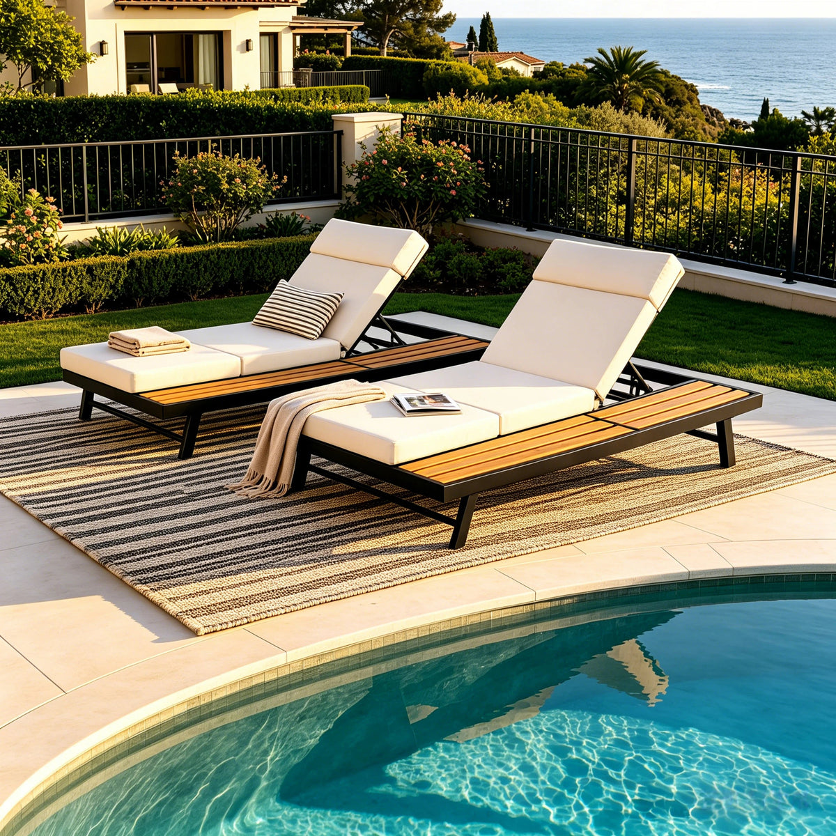 Black Iron + Teak Finish Outdoor Chaise Lounge Set