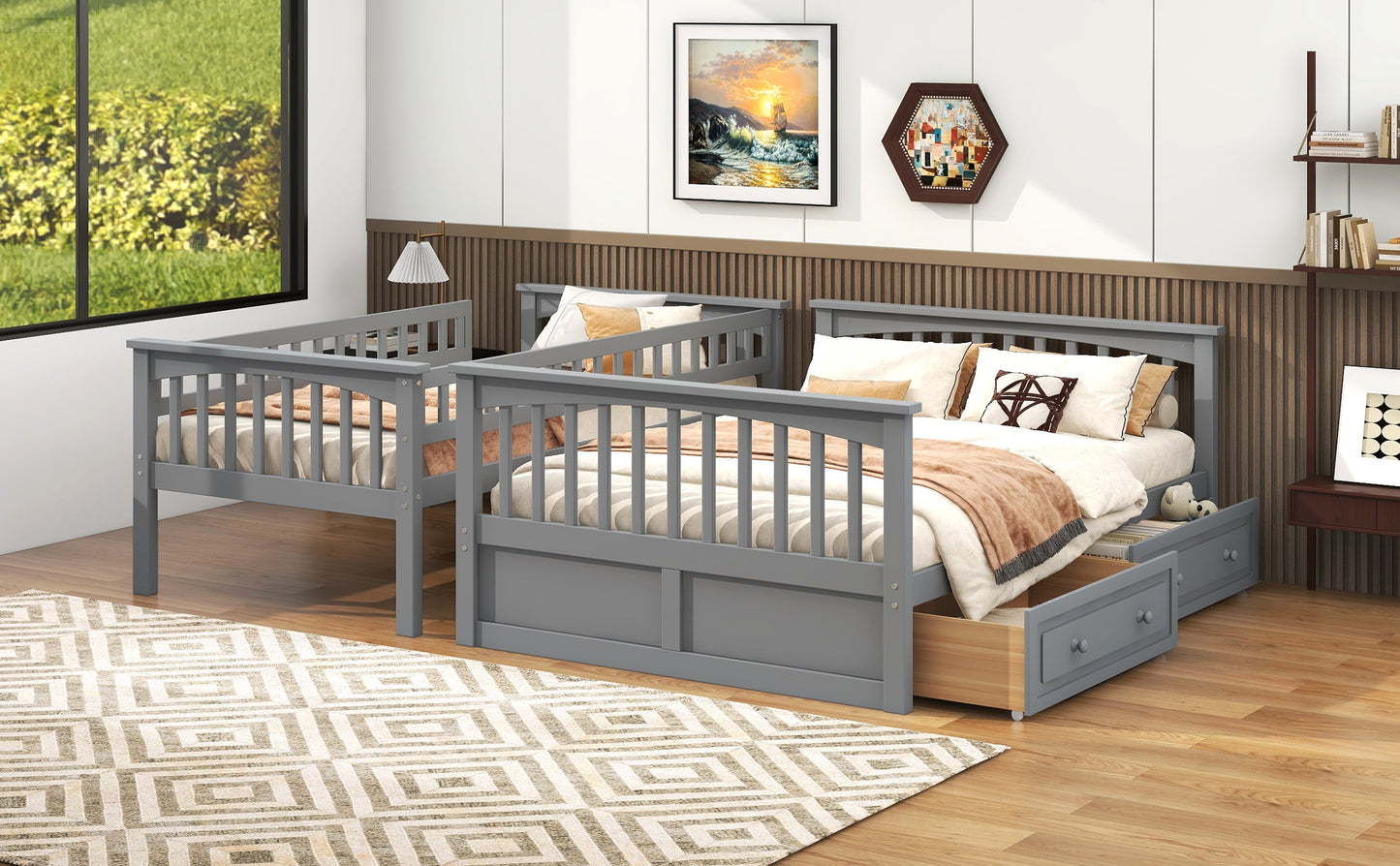 Twin Over Full Bunk Bed with Drawers, Convertible Beds