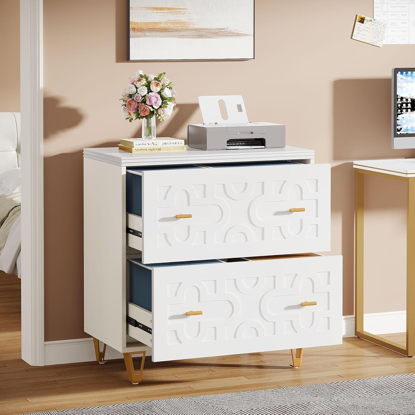 Two Drawer Lateral File Cabinet White And Gold For Legal Letter A4 Files Printer Stand Home Office