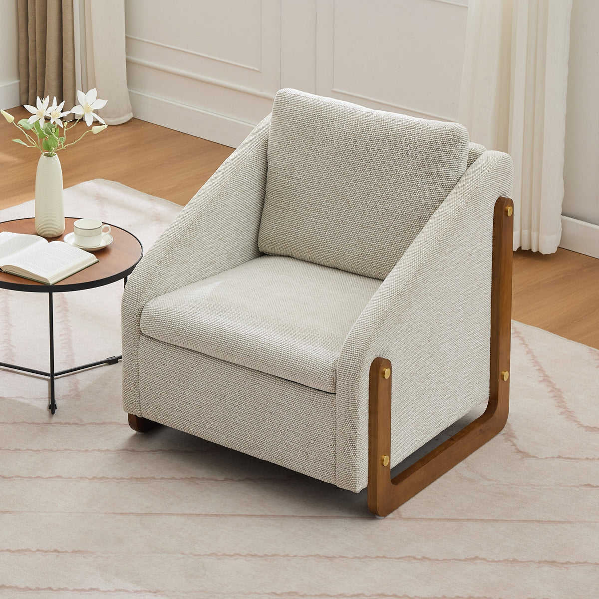 Chenille Fabric Modern Upholstered Armchair with Wooden Side Frame