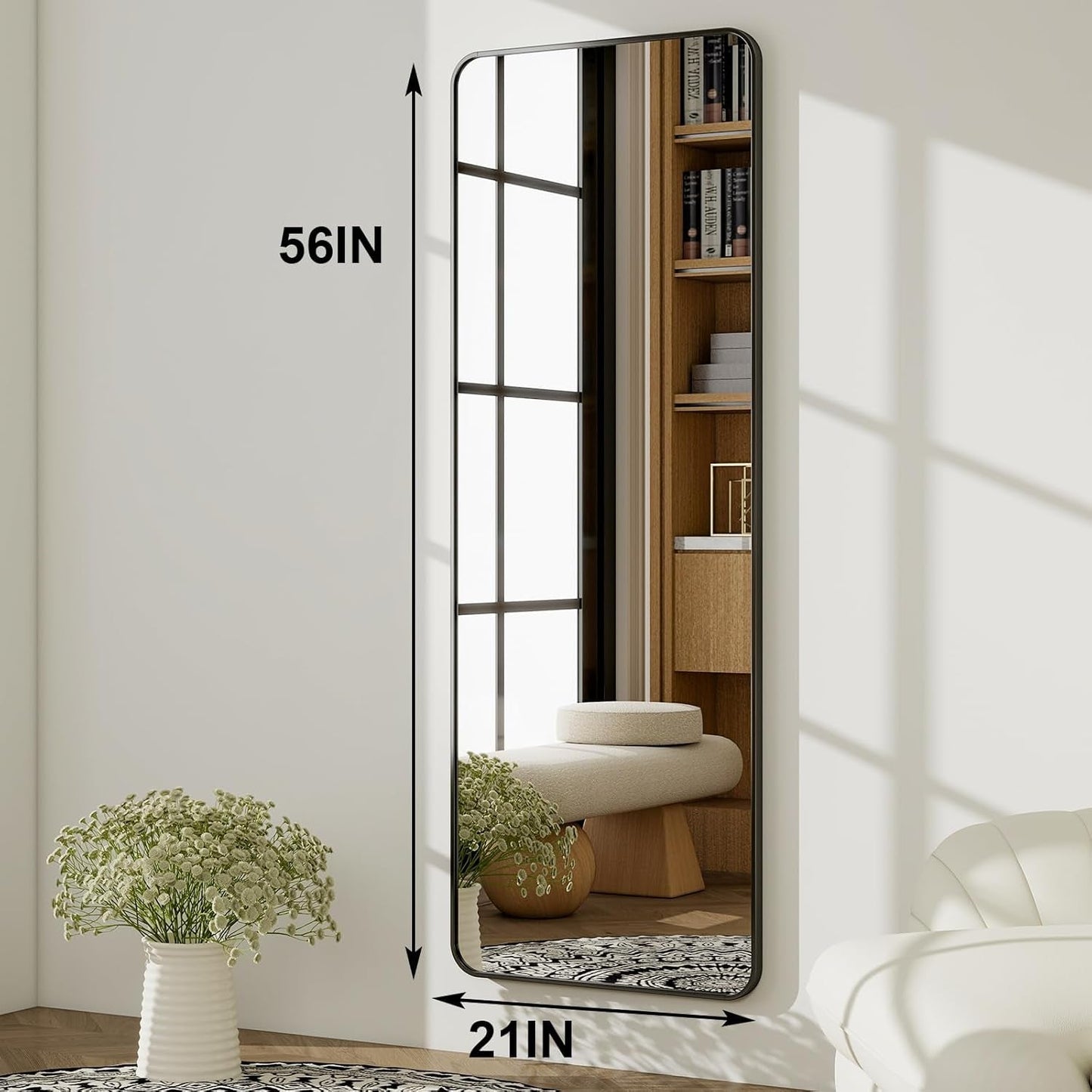 56 Inch Floor Standing Mirror With Black Aluminum Frame