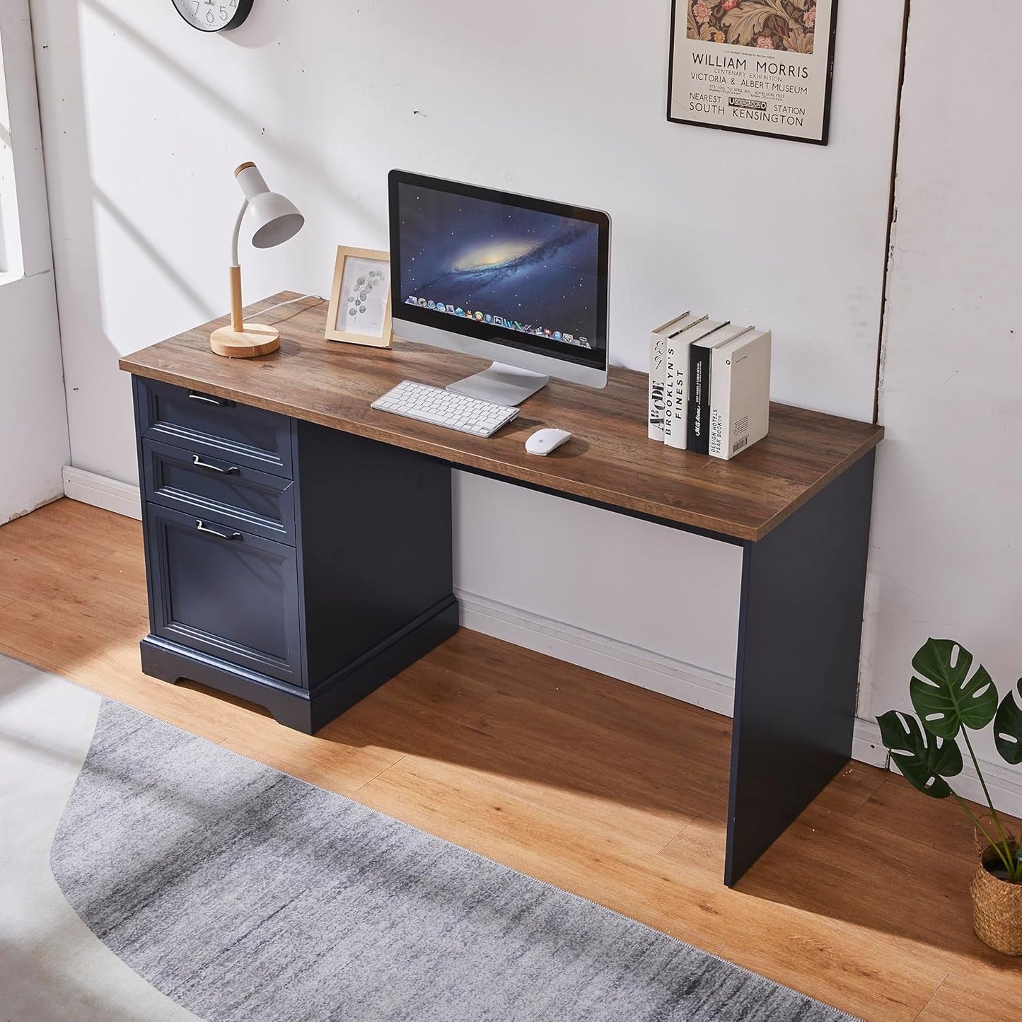Blue Farmhouse Executive Desk With Charging Station