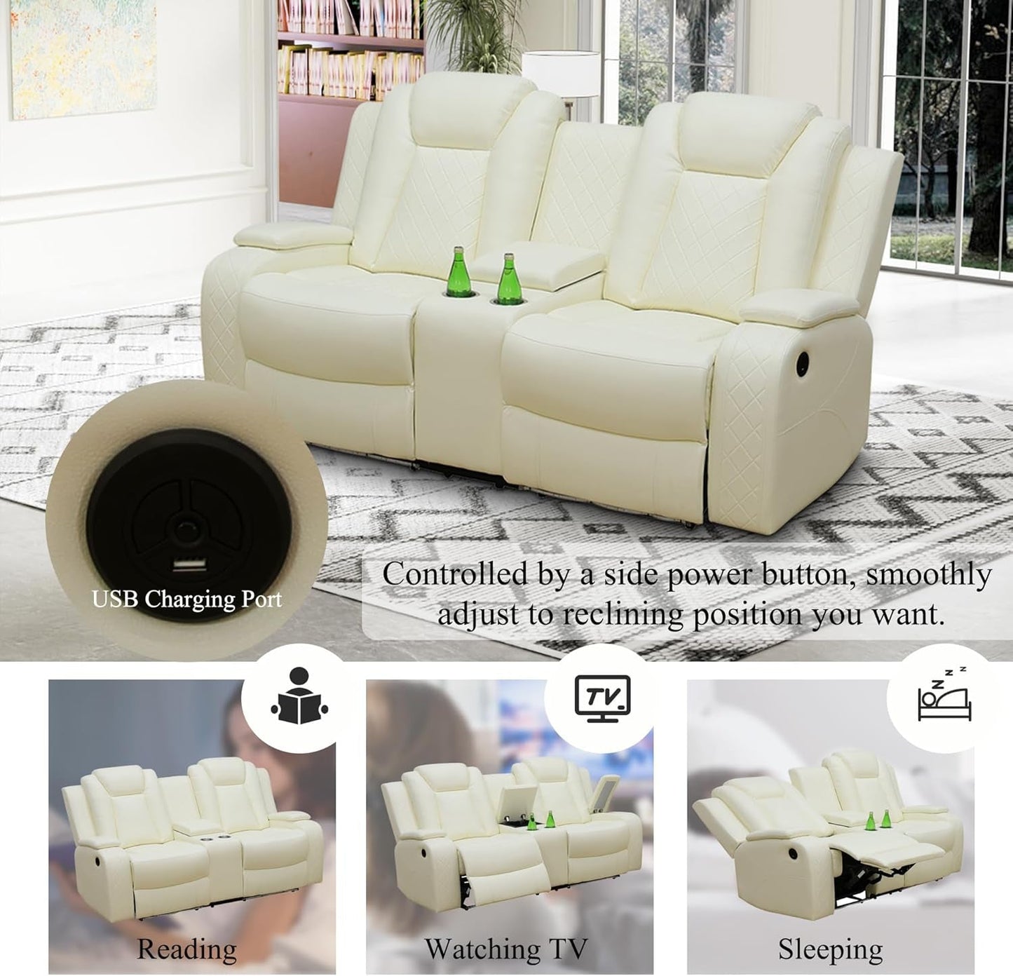 Leather Power Recliner Sofa Set Cream White With USB Port