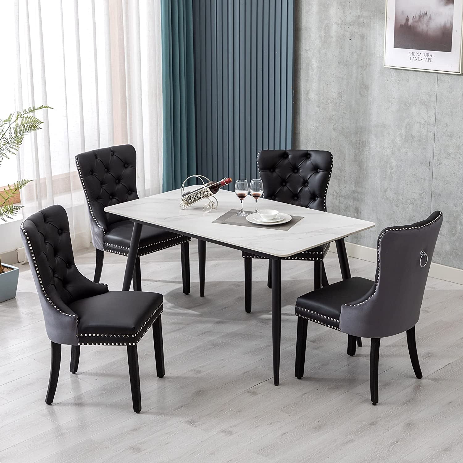 Velvet Dining Chairs Set Of 6 Black And Dark Grey Nailhead Trim around a dining table with decorative items.