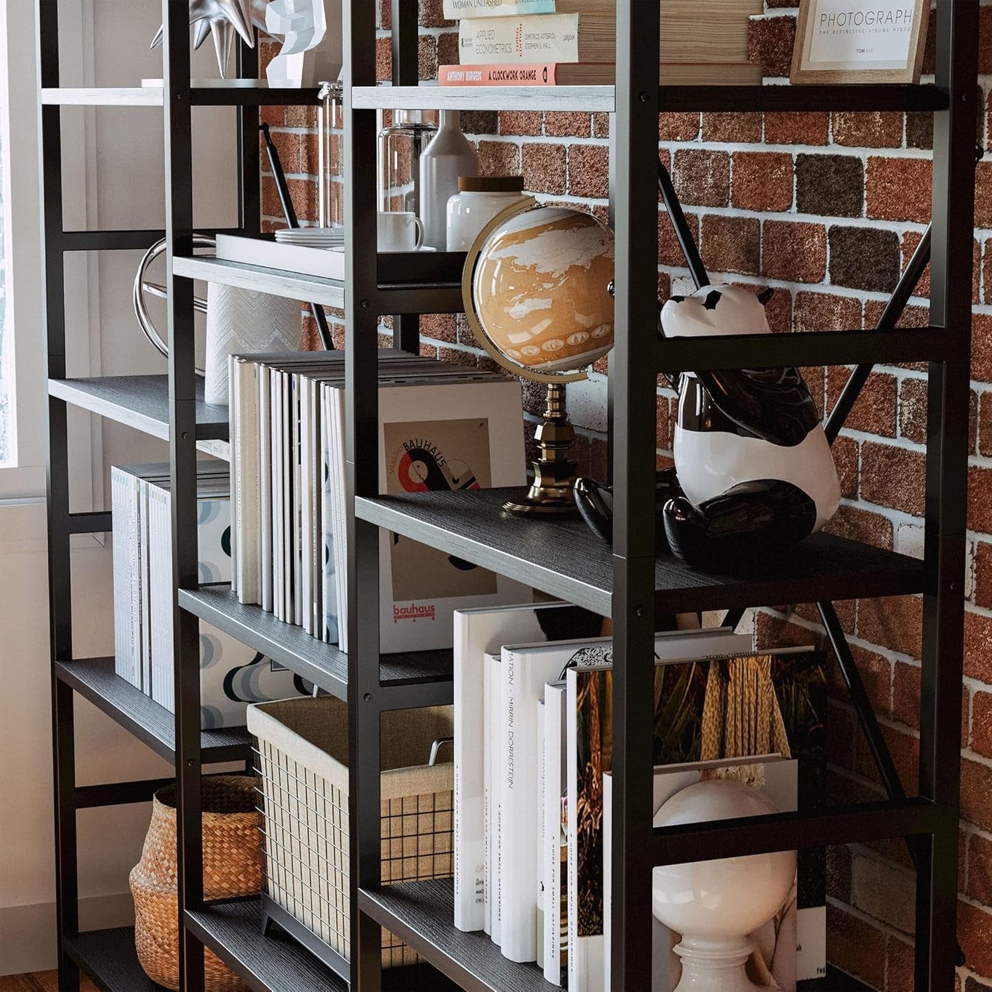 Triple Wide Industrial Bookshelf With Metal Frame 14 Open Shelves