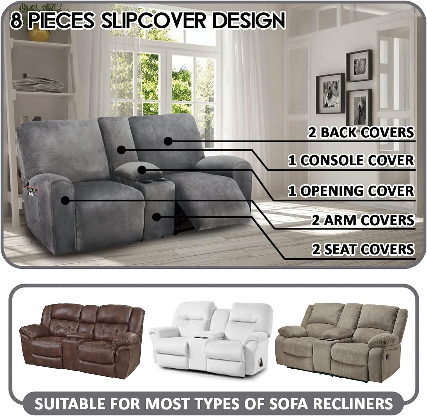 Dark Grey Velvet 8 Piece Reclining Loveseat Slipcover