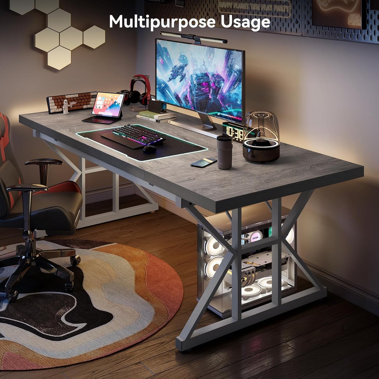 70.8 Inch Modern Executive Desk Grey White Home Office