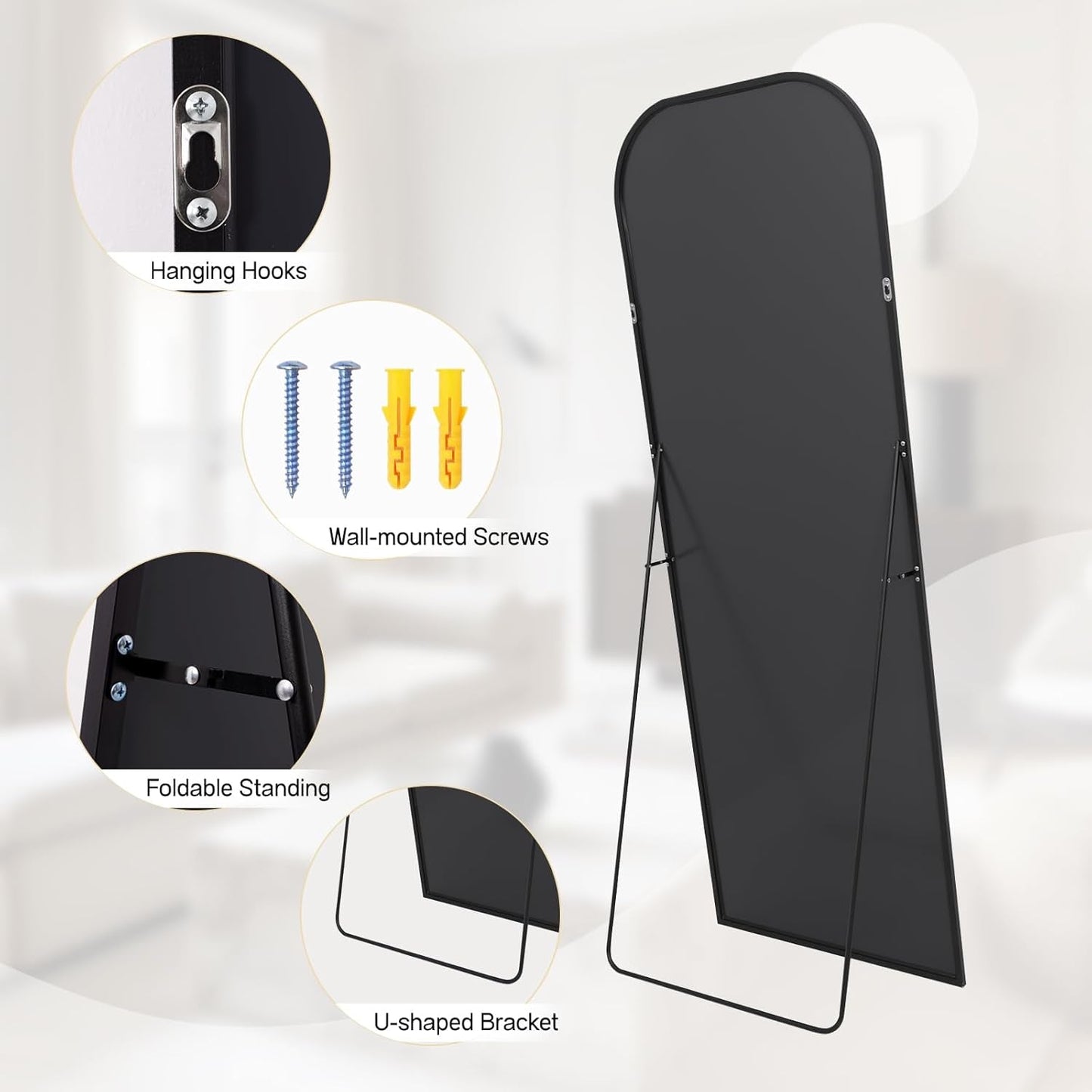 71 Inch Black Oversized Full Length Arch Floor Mirror features hanging hooks, wall-mounted screws, foldable standing, and U-shaped bracket.