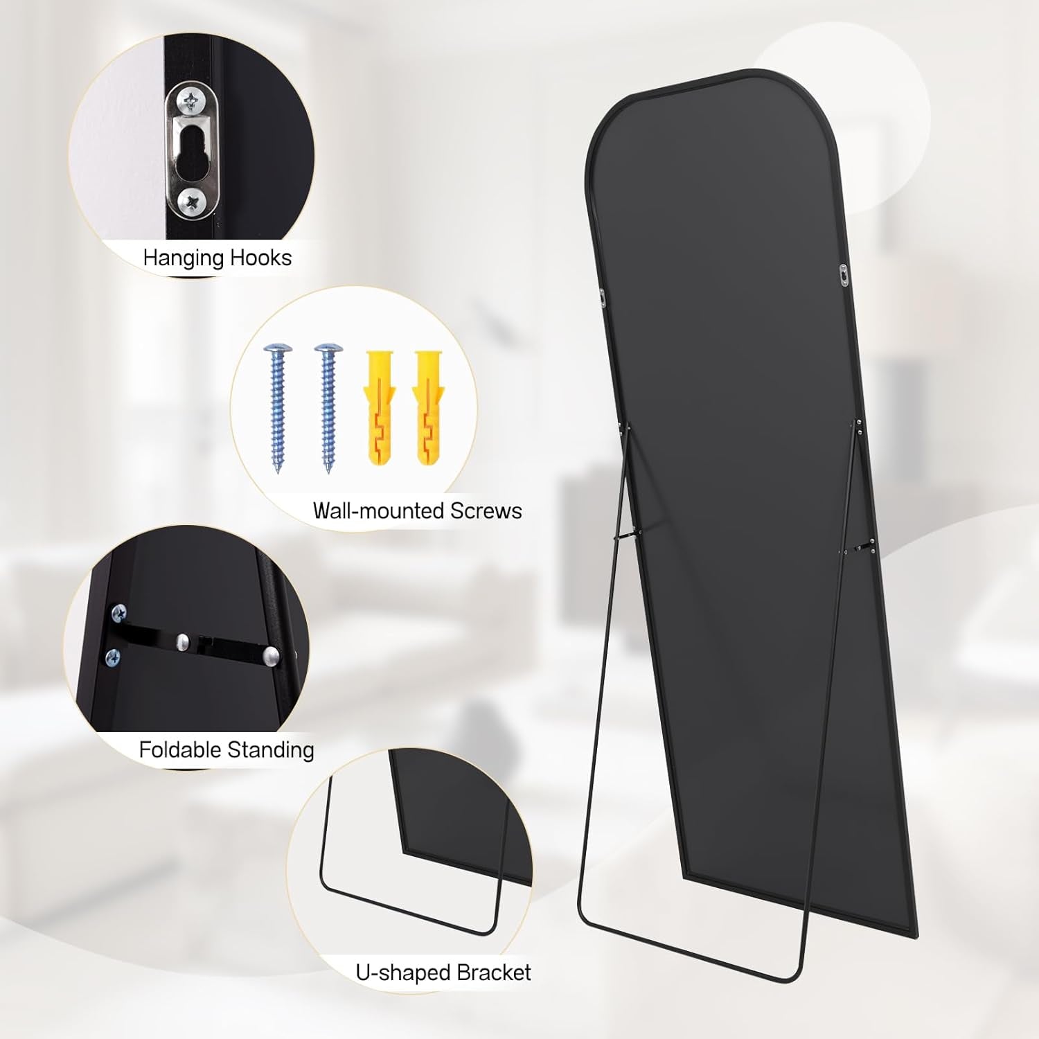 71 Inch Black Oversized Full Length Arch Floor Mirror features hanging hooks, wall-mounted screws, foldable standing, and U-shaped bracket.