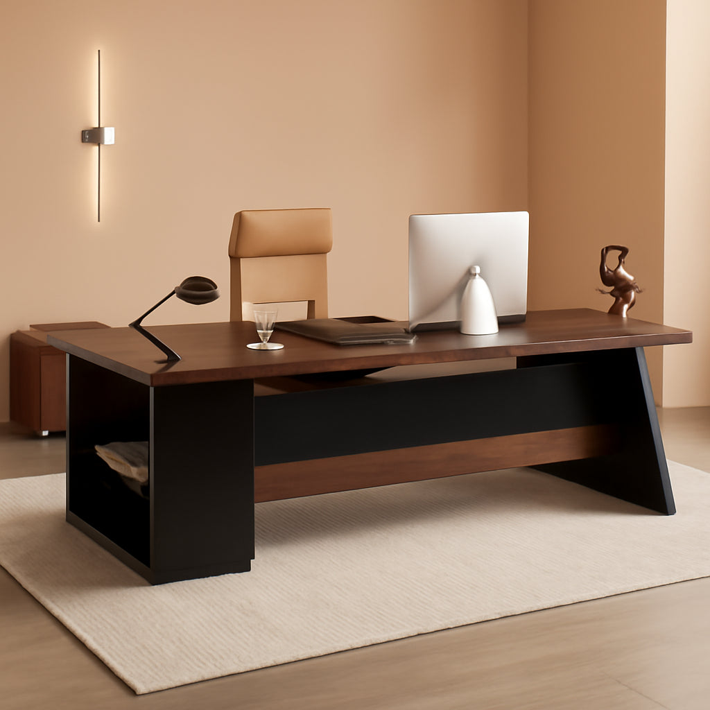 78 Inch L Shaped Executive Desk Walnut Black For Home Office