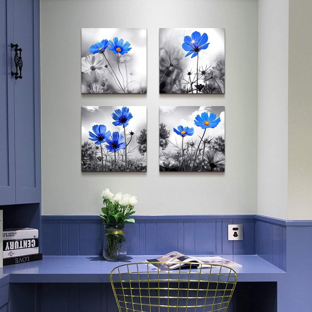 Modern Black and White Plant Art: 4-Panel Floral Canvas for Chic Living Room Decor