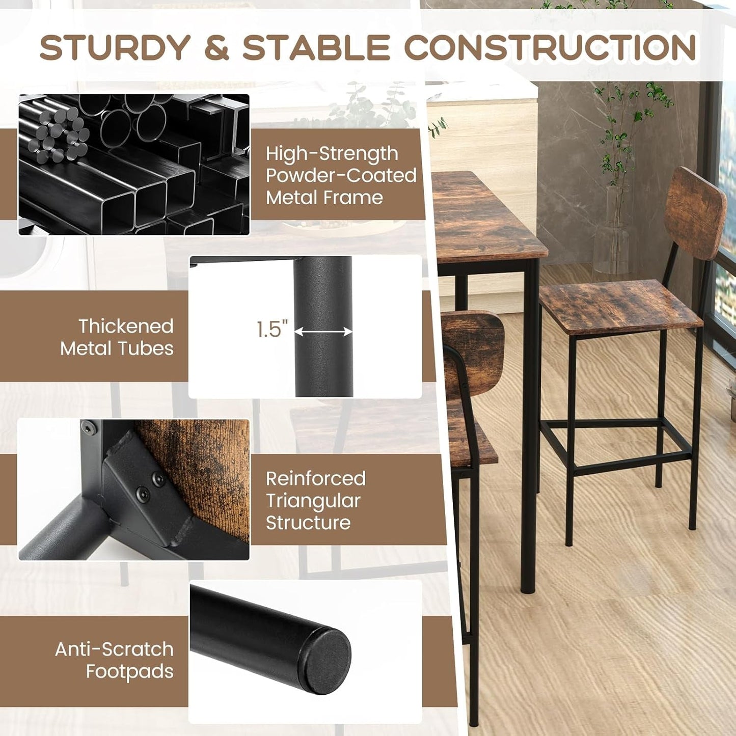 Counter Height Industrial Dining Table Set 36x36 Bar Stools